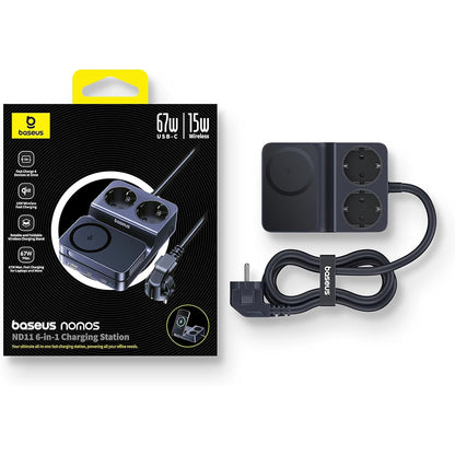 Baseus Nomos ND11 QI 6in1 -latausasema, 67W, 3.35A, 1 x USB-A - 2 x USB-C - 2 x Schuko, Musta P80015804213-00