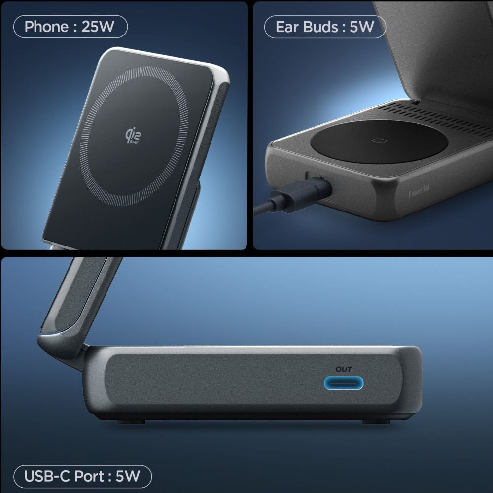 Spigen EF302MOQ 3in1 langaton verkkolaturi, 25W, 1 x USB-C, Harmaa