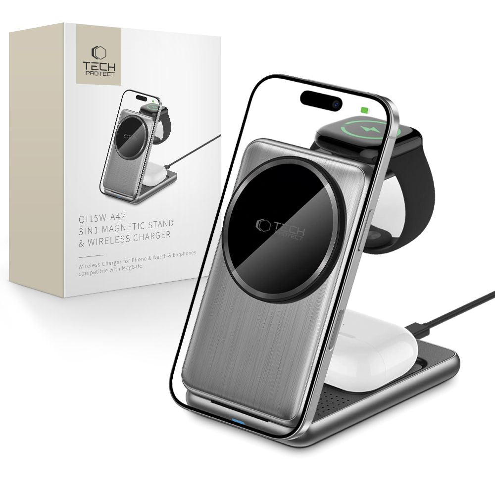 Langaton Tech-Protect A42 3in1 -verkkolaturi, 15W, 1.67A, Harmaa