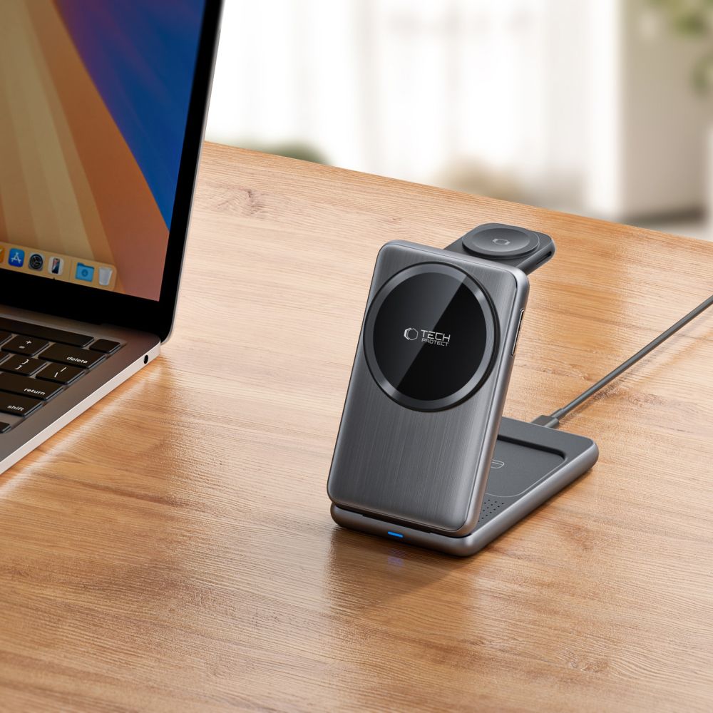 Langaton Tech-Protect A42 3in1 -verkkolaturi, 15W, 1.67A, Harmaa