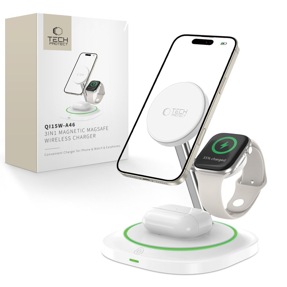Incarcator Retea Wireless Tech-Protect QI15W-A46 3in1, 15W, 1.67A, Alb