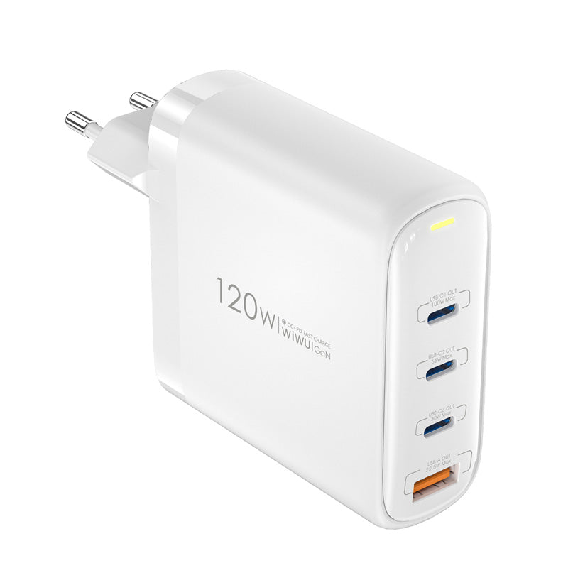 Verkkolaturi WiWu Wi-U020, 120W, 3A, 1 x USB-A - 3 x USB-C, valkoinen 