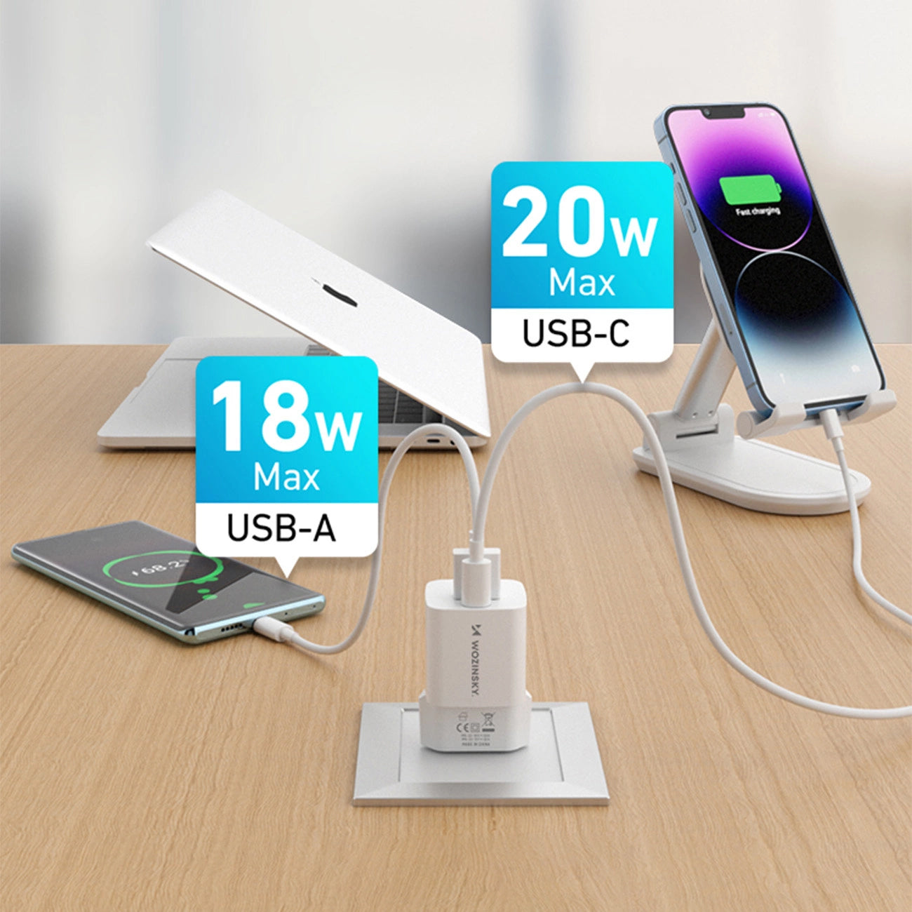 WZK WWCEAC -verkkolaturi, 33W, 3A, 1 x USB-A - 1 x USB-C, Valkoinen