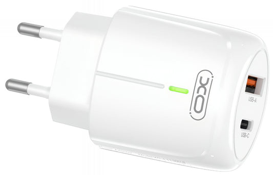 XO Design L114 -verkkolaturi, 20W, 3A, 1 x USB-A - 1 x USB-C, Valkoinen