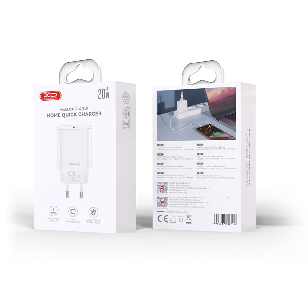 XO Design CE32 Verkkolaturi, 20W, 3A, 1 x USB-C, Valkoinen
