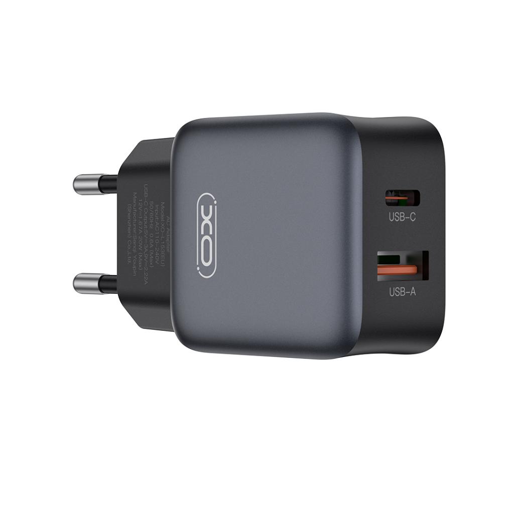 XO Design L156 Verkkolaturi, 30W, 3A, 1 x USB-A - 1 x USB-C, Musta