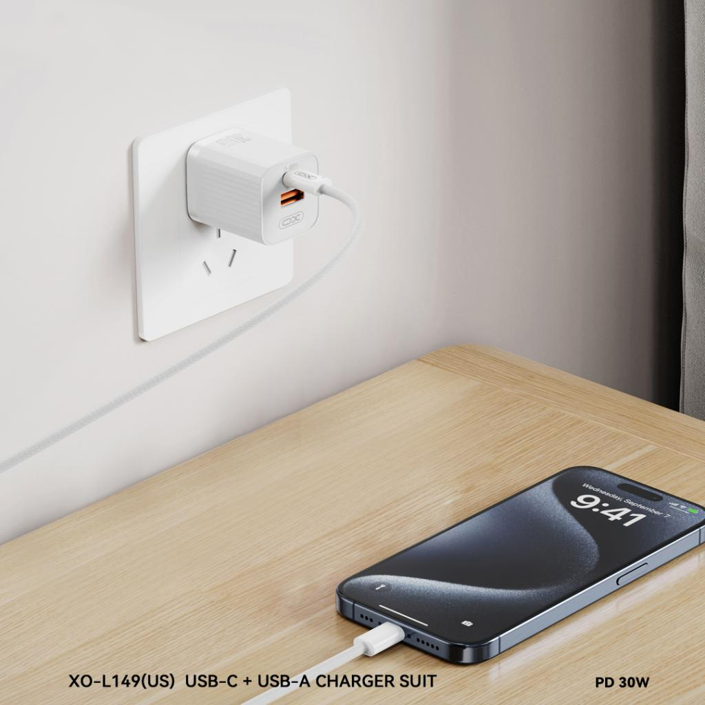 XO Design L149 verkkolaturi, 30W, 3A, 1 x USB-A - 1 x USB-C, valkoinen