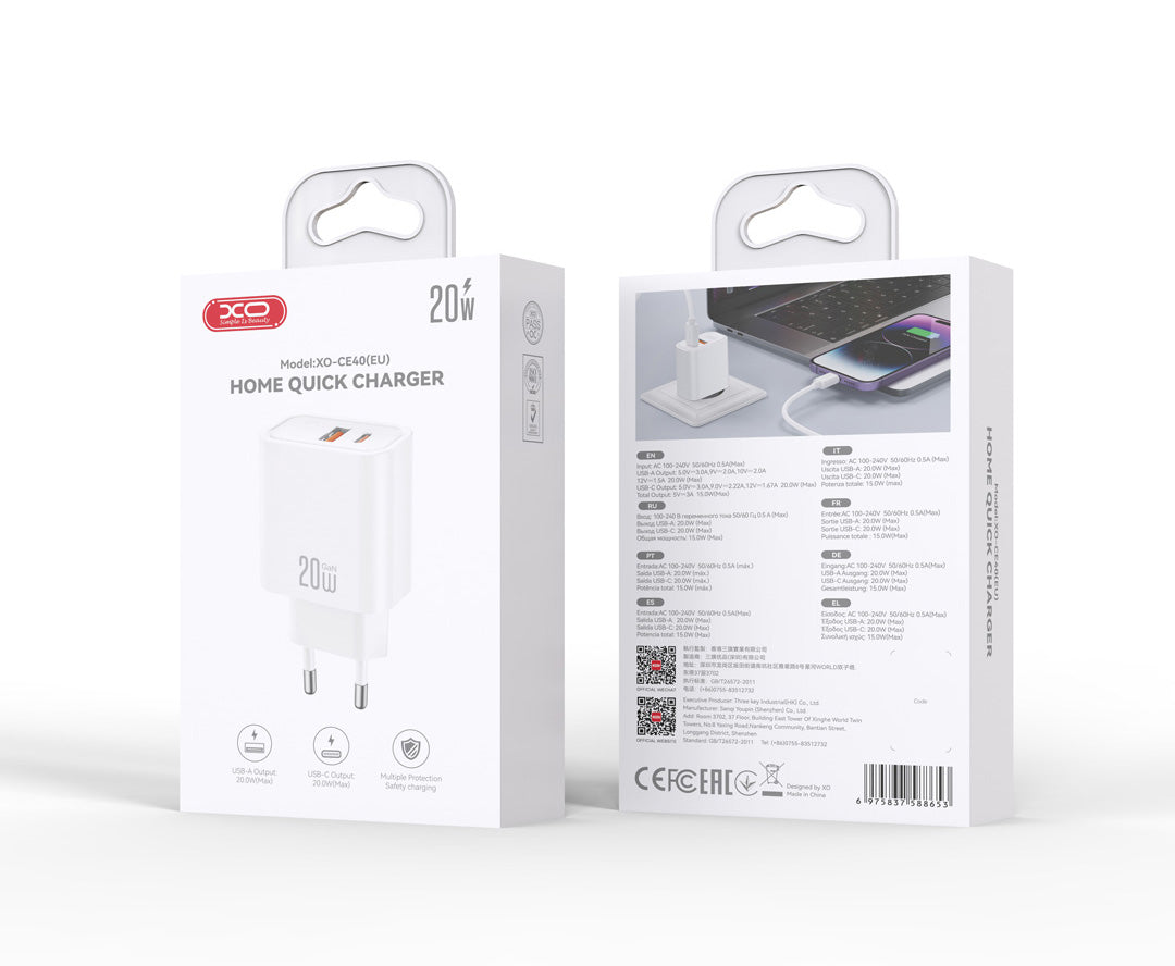 XO Design CE40 verkkolaturi, 20W, 3A, 1 x USB-A - 1 x USB-C, valkoinen