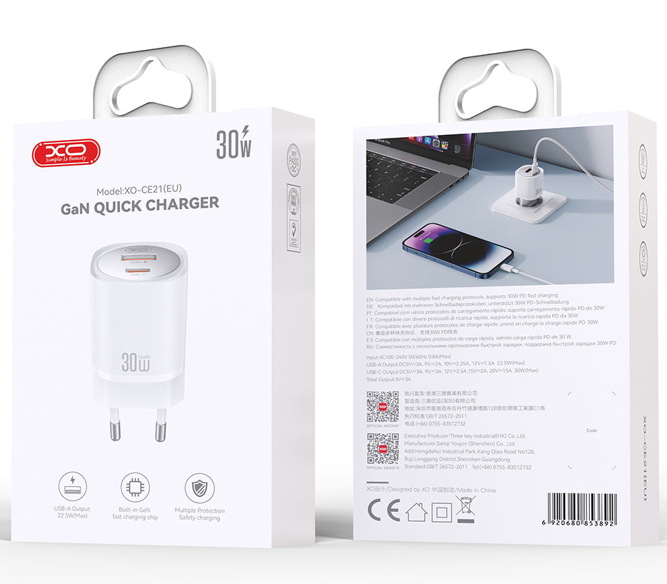 XO Design CE21 Verkkolaturi, 30W, 3A, 1 x USB-A - 1 x USB-C, Valkoinen