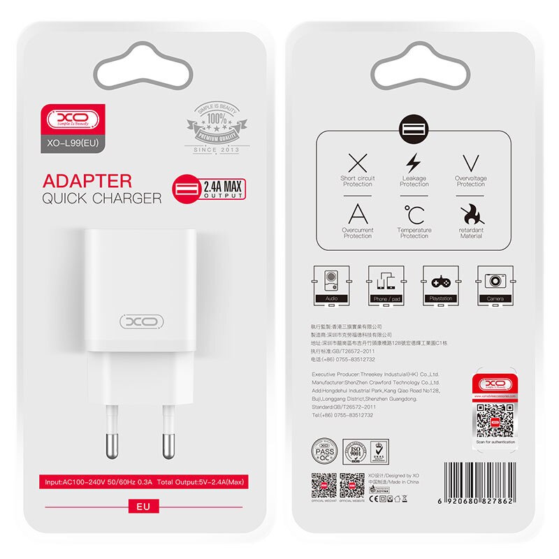 XO Design L99 Verkkolaturi, 12W, 2.4A, 1 x USB-A, Valkoinen