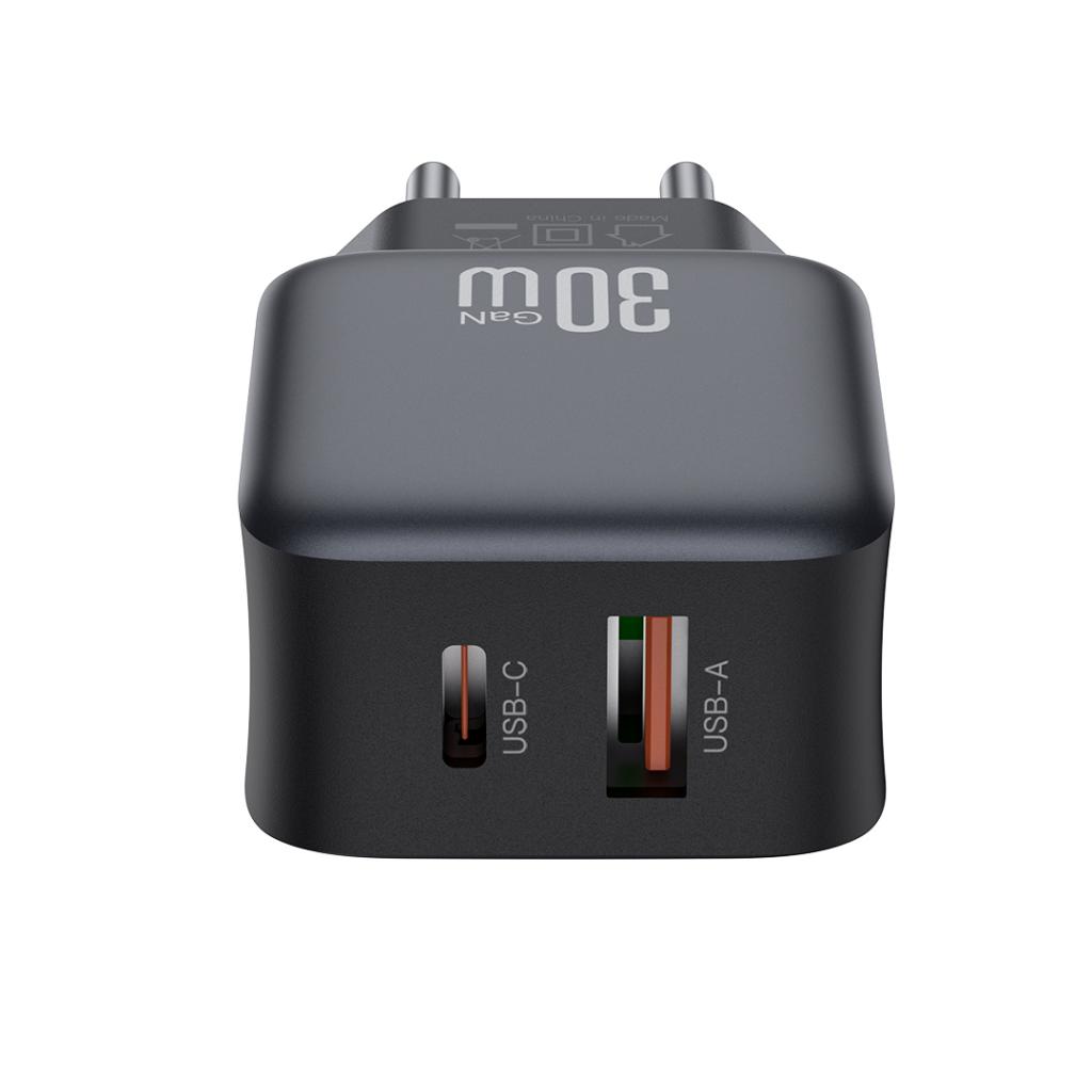 XO Design L156 Verkkolaturi, 30W, 3A, 1 x USB-A - 1 x USB-C, Musta