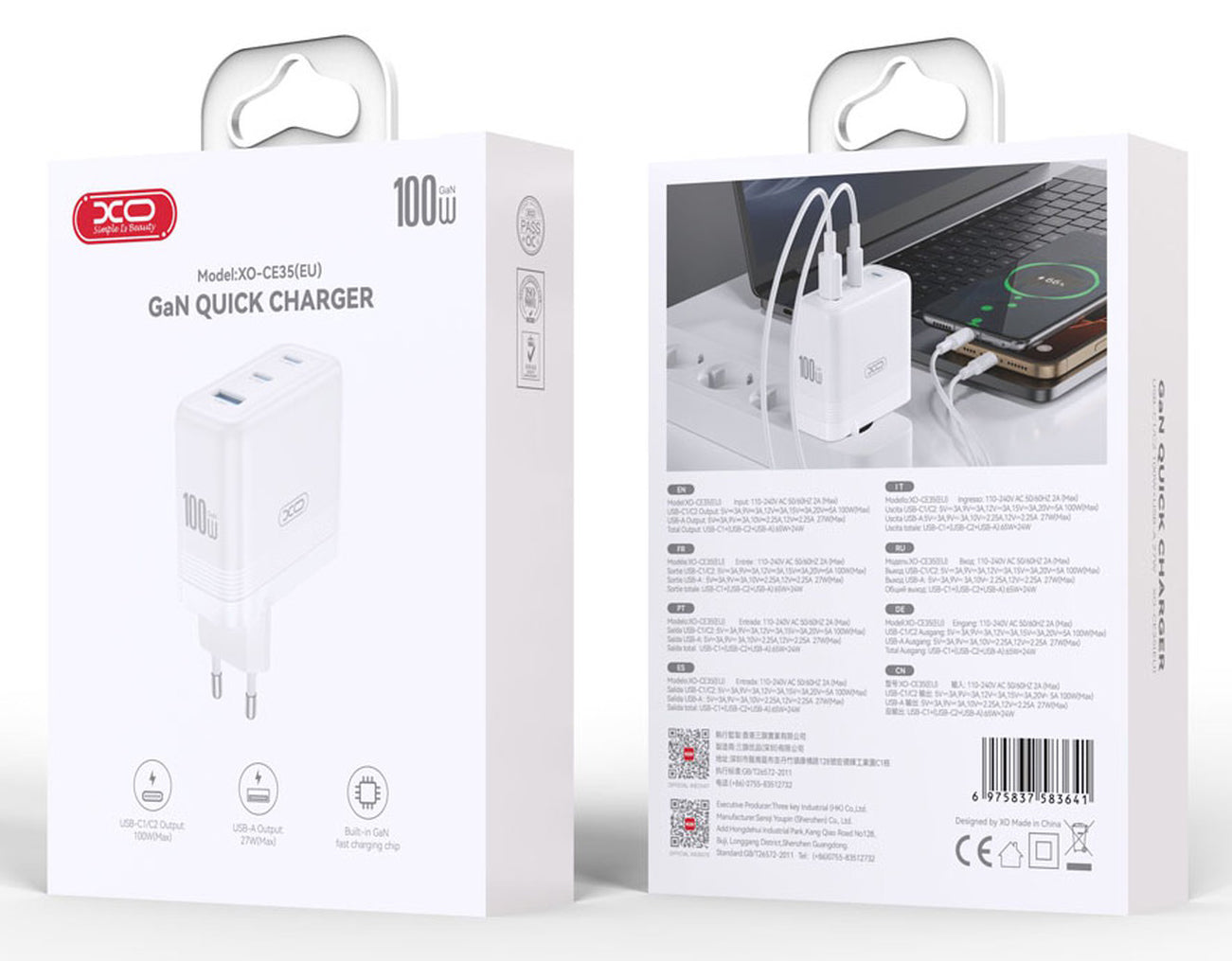 XO Design CE35 -verkkolaturi, 100W, 5A, 1 x USB-A - 2 x USB-C, Valkoinen