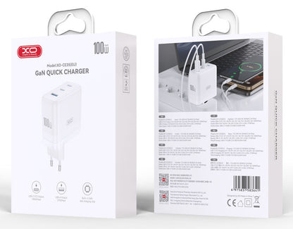 XO Design CE35 -verkkolaturi, 100W, 5A, 1 x USB-A - 2 x USB-C, Valkoinen