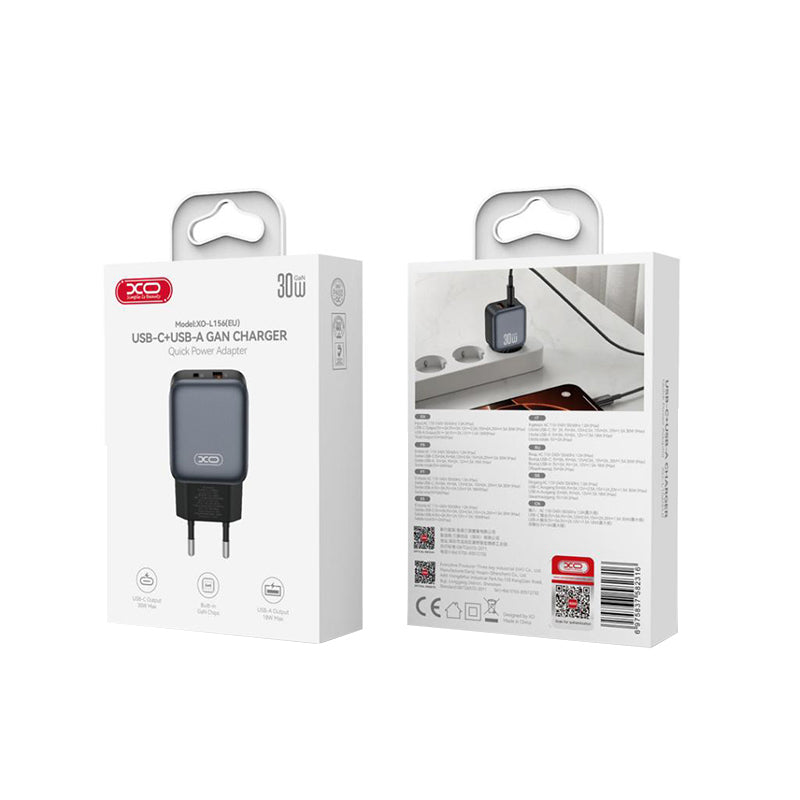 XO Design L156 Verkkolaturi, 30W, 3A, 1 x USB-A - 1 x USB-C, Musta