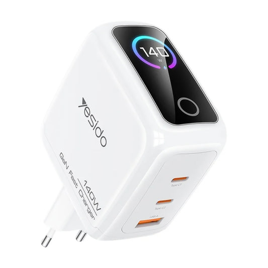 Yesido YC114 verkkolaturi näyttö, 140W, 5A, 1 x USB-A - 2 x USB-C, valkoinen