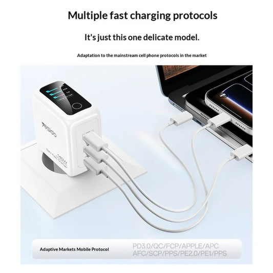 Yesido YC114 verkkolaturi näyttö, 140W, 5A, 1 x USB-A - 2 x USB-C, valkoinen