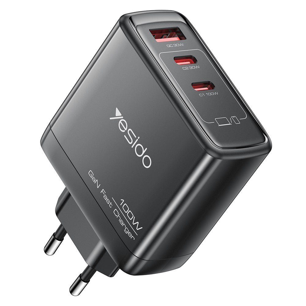 Yesido YC142 -verkkolaturi, 100W, 5A, 1 x USB-A - 2 x USB-C, Musta