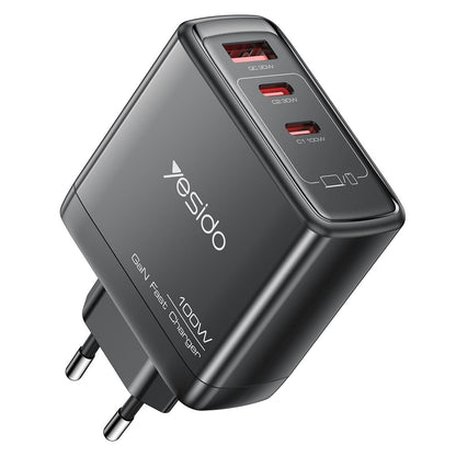 Yesido YC142 -verkkolaturi, 100W, 5A, 1 x USB-A - 2 x USB-C, Musta