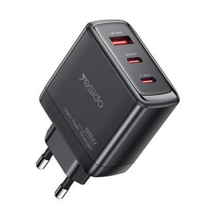 Yesido YC144 -verkkolaturi, 65W, 3.25A, 1 x USB-A - 2 x USB-C, Musta