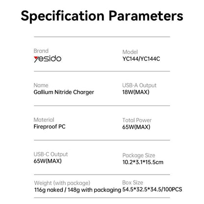 Yesido YC144 -verkkolaturi, 65W, 3.25A, 1 x USB-A - 2 x USB-C, Musta