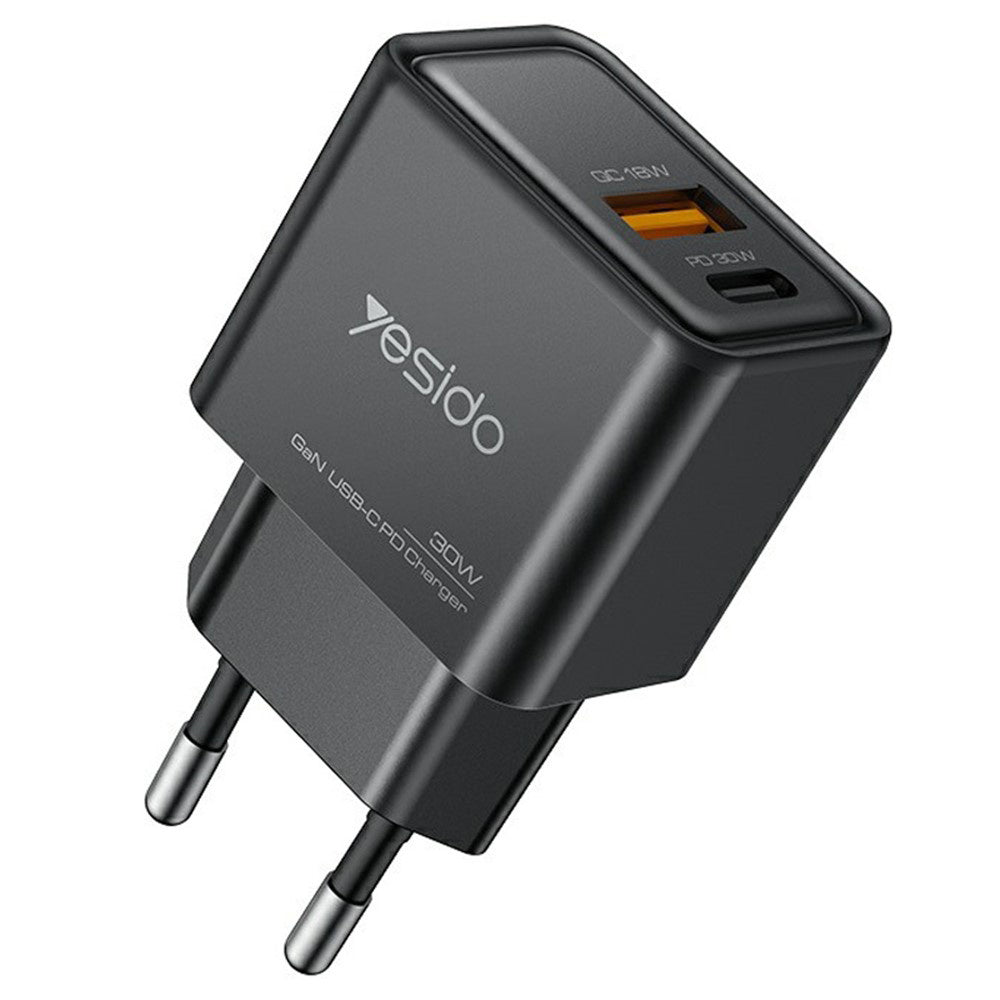 Yesido YC64 -verkkolaturi, 30W, 3A, 1 x USB-A - 1 x USB-C, Musta