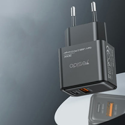 Yesido YC64 -verkkolaturi, 30W, 3A, 1 x USB-A - 1 x USB-C, Musta
