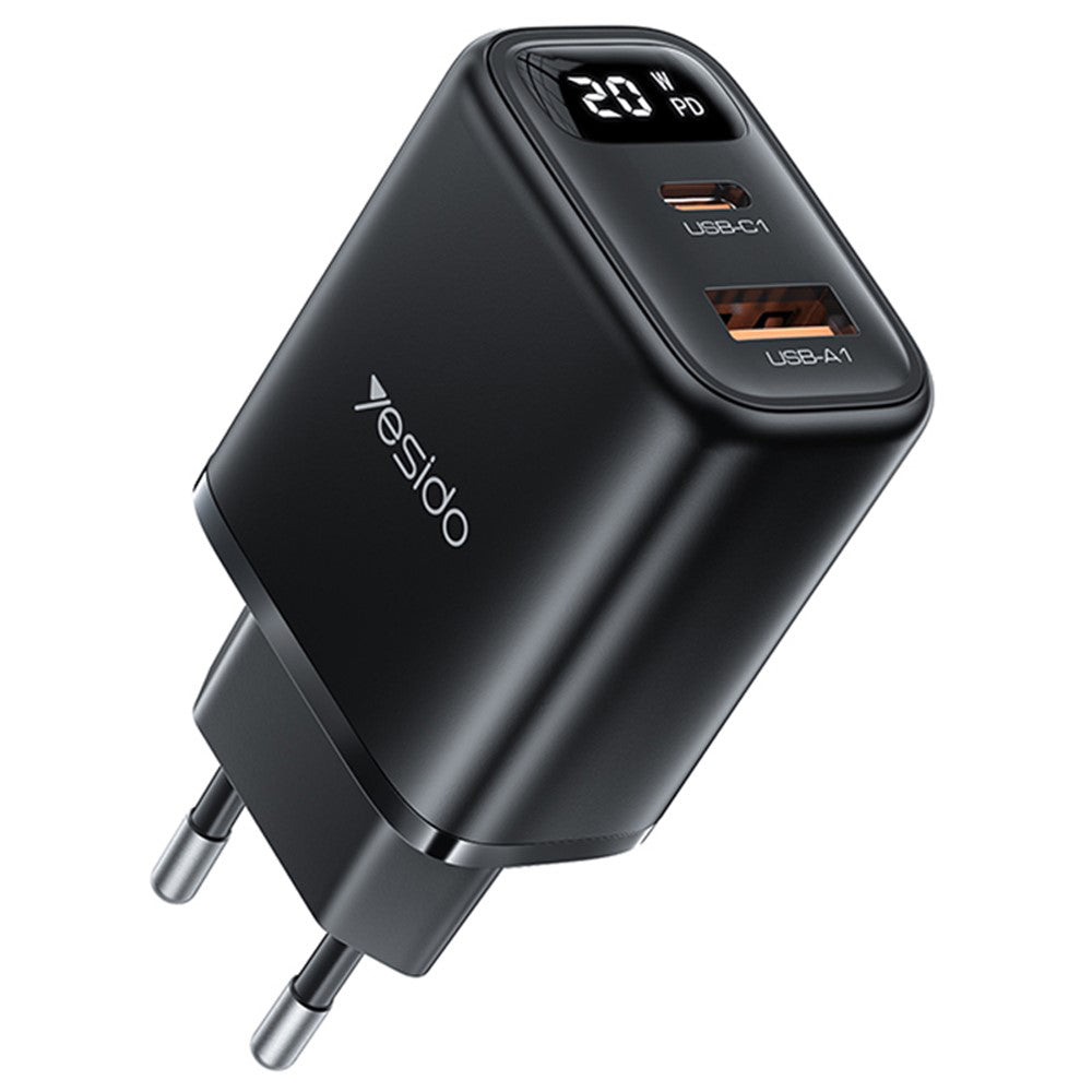 Yesido YC68 -verkkolaturi, 20W näyttö, 3A, 1 x USB-A - 1 x USB-C, Musta