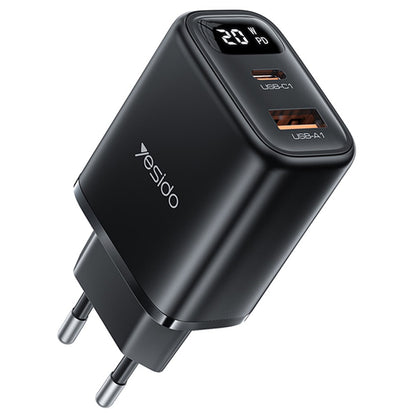 Yesido YC68 -verkkolaturi, 20W näyttö, 3A, 1 x USB-A - 1 x USB-C, Musta