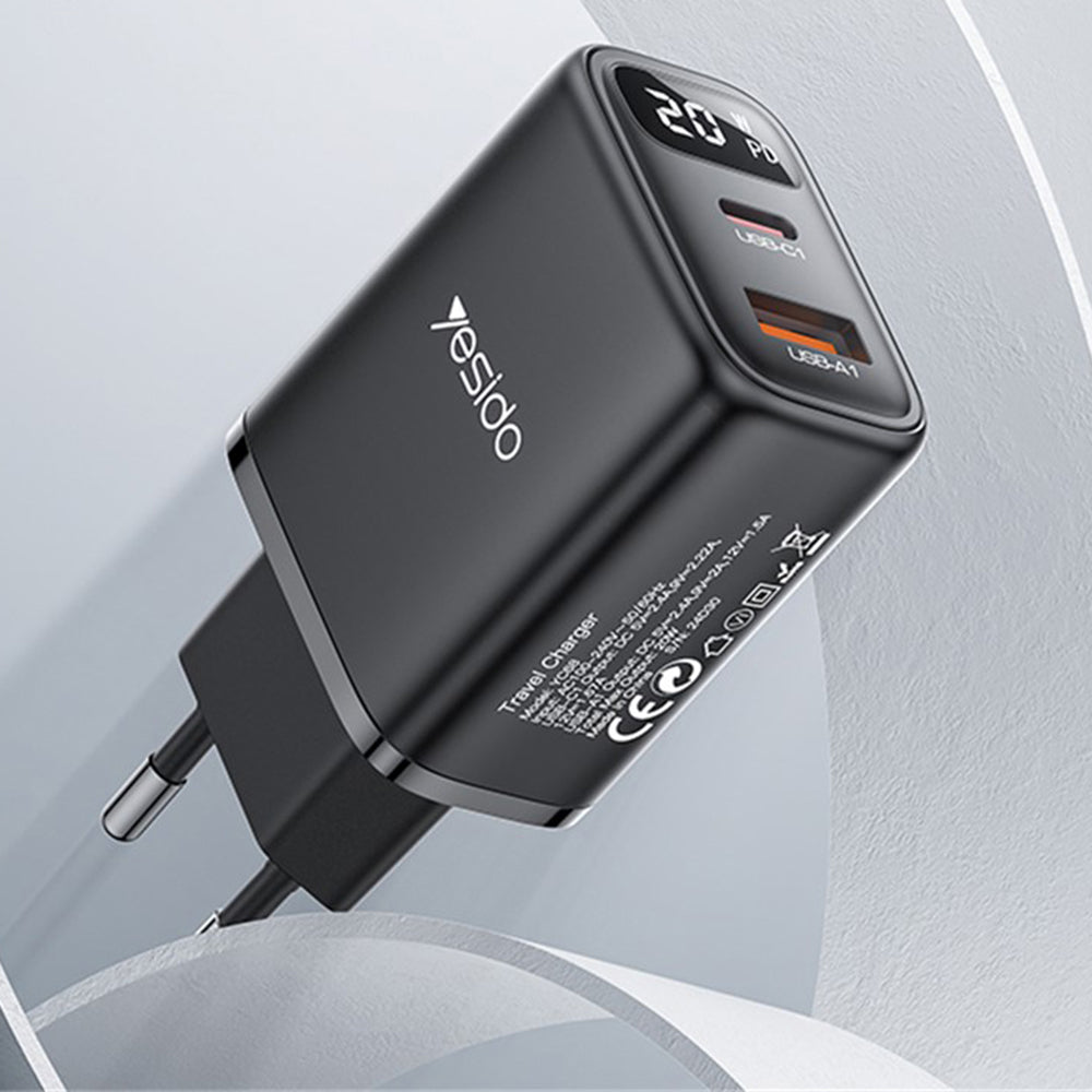 Yesido YC68 -verkkolaturi, 20W näyttö, 3A, 1 x USB-A - 1 x USB-C, Musta