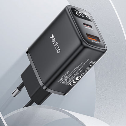 Yesido YC68 -verkkolaturi, 20W näyttö, 3A, 1 x USB-A - 1 x USB-C, Musta