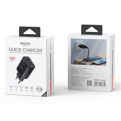 Yesido YC68 -verkkolaturi, 20W näyttö, 3A, 1 x USB-A - 1 x USB-C, Musta