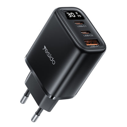 Yesido YC69 Display Network Charger, 30W, 3A, 1 x USB-A - 2 x USB-C, Black