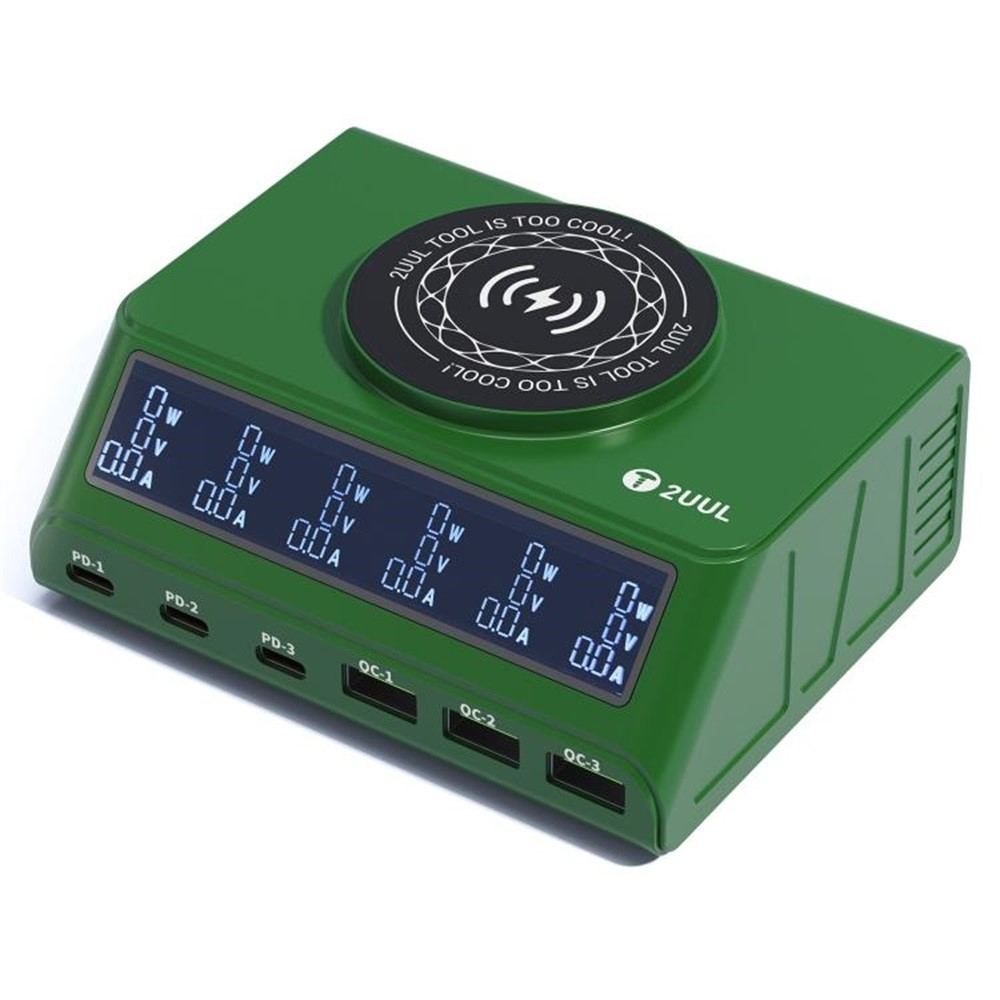 Laturi 2UUL PC11 QI -laturi, 110W, 3A, 3 x USB-A - 3 x USB-C, Vihreä