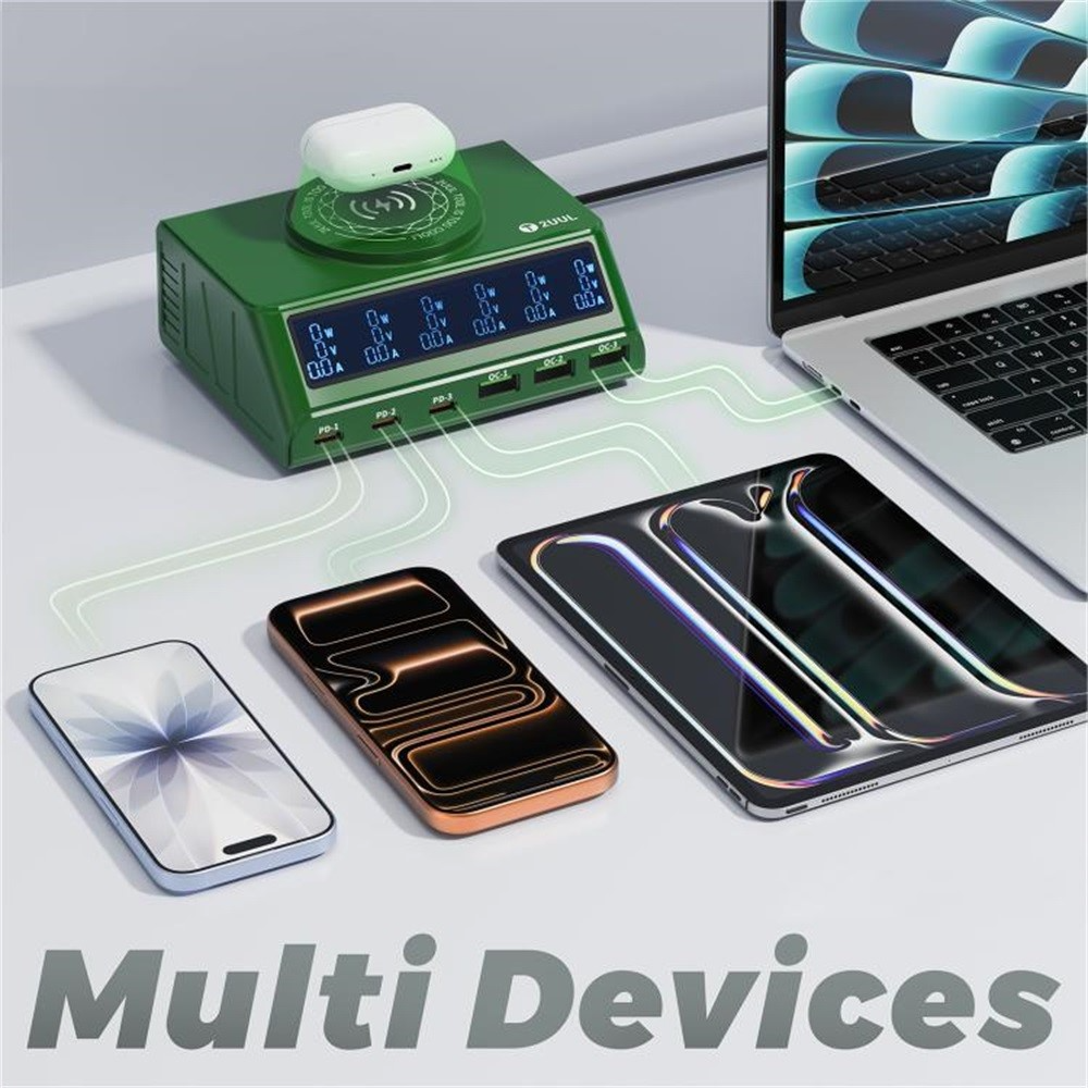 Laturi 2UUL PC11 QI -laturi, 110W, 3A, 3 x USB-A - 3 x USB-C, Vihreä