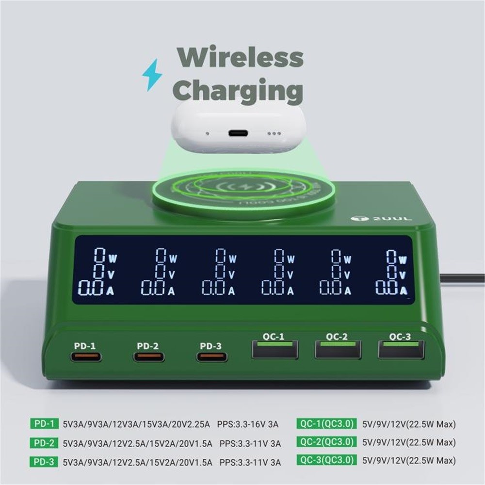 Laturi 2UUL PC11 QI -laturi, 110W, 3A, 3 x USB-A - 3 x USB-C, Vihreä