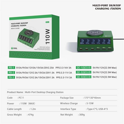 Laturi 2UUL PC11 QI -laturi, 110W, 3A, 3 x USB-A - 3 x USB-C, Vihreä
