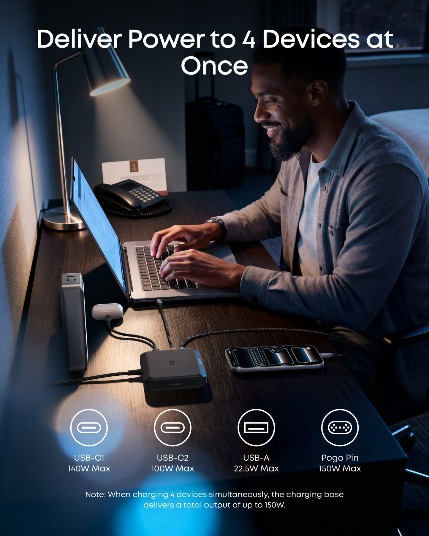 Anker Prime -ulkoinen akkulaturi, 150W, 5A, 1 x Pogo Pin - 1 x USB-A - 2 x USB-C, Musta A1903G11