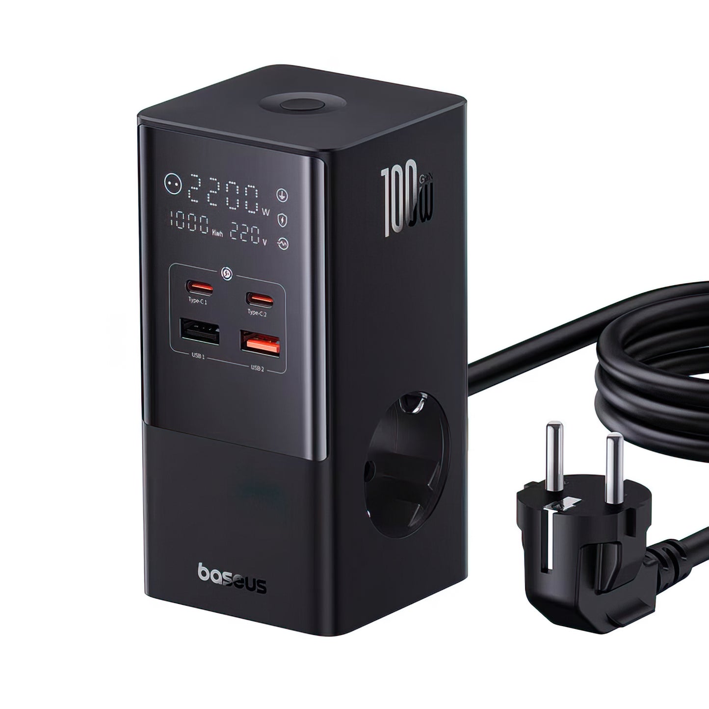 Baseus PowerCombo Tower -latausasema, 100W, 5A, 2 x Schuko - 2 x USB-A - 2 x USB-C, Musta E00023609113-00
