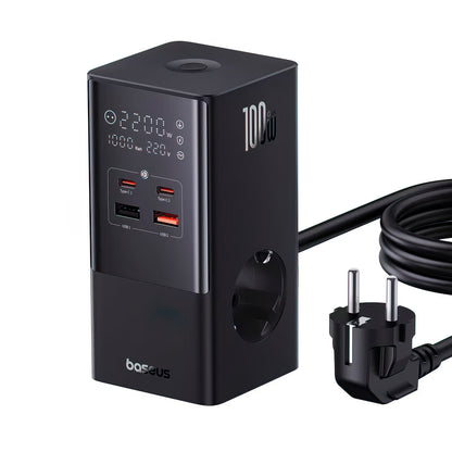 Baseus PowerCombo Tower -latausasema, 100W, 5A, 2 x Schuko - 2 x USB-A - 2 x USB-C, Musta E00023609113-00