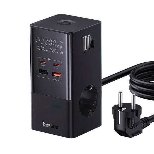 Baseus PowerCombo Tower -latausasema, 100W, 5A, 2 x Schuko - 2 x USB-A - 2 x USB-C, Musta E00023609113-00
