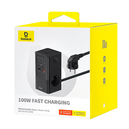 Baseus PowerCombo Tower -latausasema, 100W, 5A, 2 x Schuko - 2 x USB-A - 2 x USB-C, Musta E00023609113-00