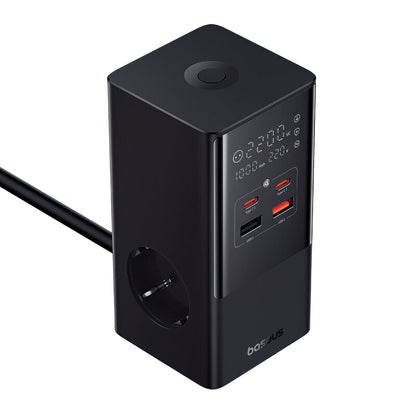 Baseus PowerCombo Tower -latausasema, 100W, 5A, 2 x Schuko - 2 x USB-A - 2 x USB-C, Musta E00023609113-00
