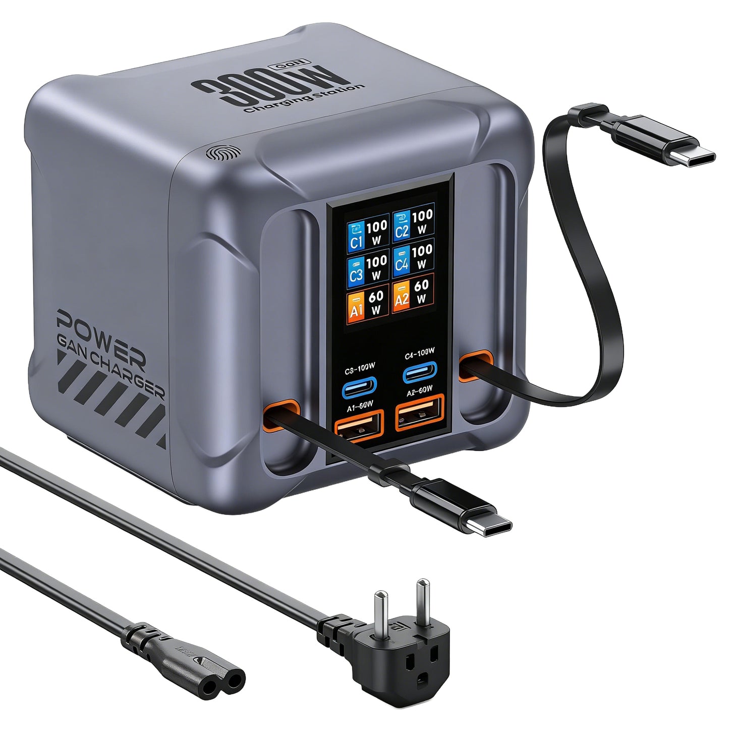 Laturi USB-C -kaapelilla varustettu OEM HW866 -latausasema, 300W, 5A, 2 x USB-A - 2 x USB-C, Harmaa