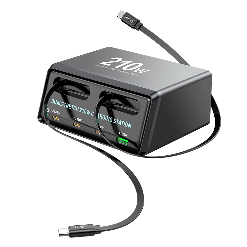 OEM WLX-60E USB-C-kaapelilla varustettu latausasema, 210W, 3A, 1 x USB-A - 3 x USB-C, Harmaa