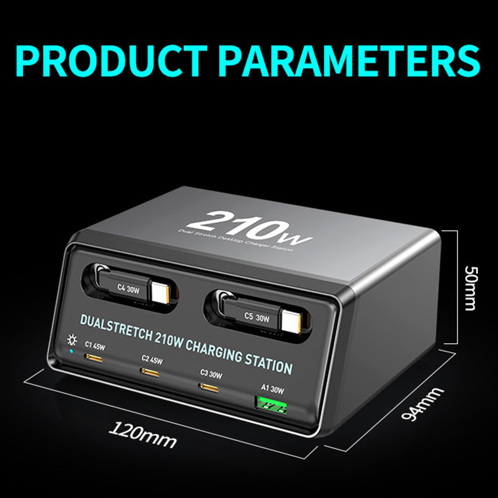 OEM WLX-60E USB-C-kaapelilla varustettu latausasema, 210W, 3A, 1 x USB-A - 3 x USB-C, Harmaa