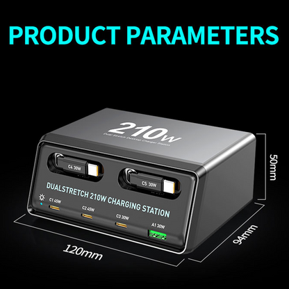 OEM WLX-60E USB-C-kaapelilla varustettu latausasema, 210W, 3A, 1 x USB-A - 3 x USB-C, Harmaa