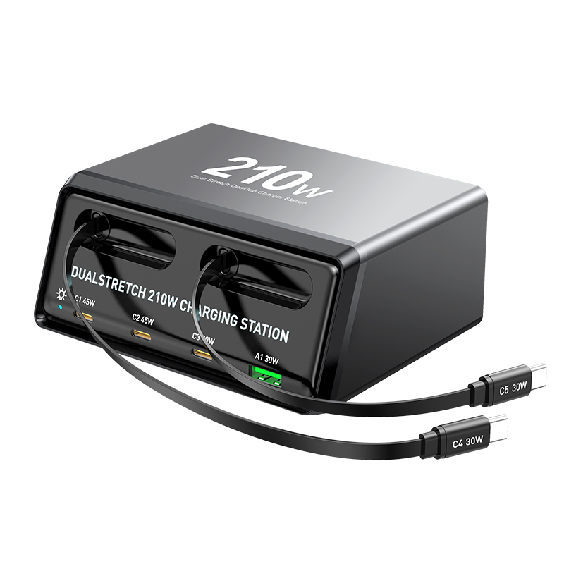 OEM WLX-60E USB-C-kaapelilla varustettu latausasema, 210W, 3A, 1 x USB-A - 3 x USB-C, Harmaa