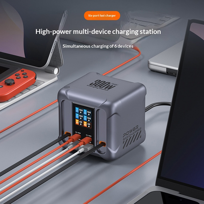 Laturi USB-C -kaapelilla varustettu OEM HW866 -latausasema, 300W, 5A, 2 x USB-A - 2 x USB-C, Harmaa