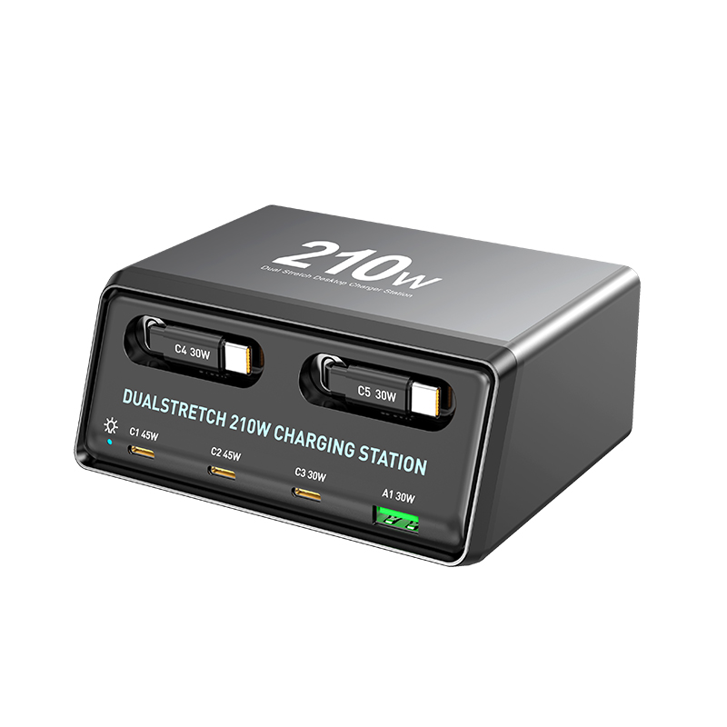 OEM WLX-60E USB-C-kaapelilla varustettu latausasema, 210W, 3A, 1 x USB-A - 3 x USB-C, Harmaa