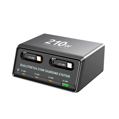 OEM WLX-60E USB-C-kaapelilla varustettu latausasema, 210W, 3A, 1 x USB-A - 3 x USB-C, Harmaa
